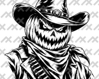 Pumpkin Head Cowboy SVG, Spooky Western Jack O Lantern Outlaw, Gothic Black and White Halloween Digital Download