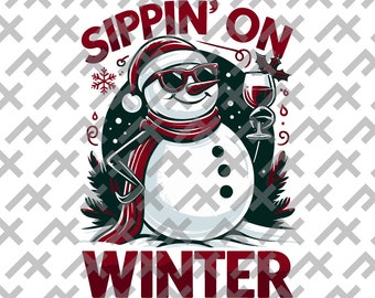 Cheerful Snowman Digital SVG - &#39;Sippin&#39; on Winter&#39; Festive Design for Shirts and Crafts