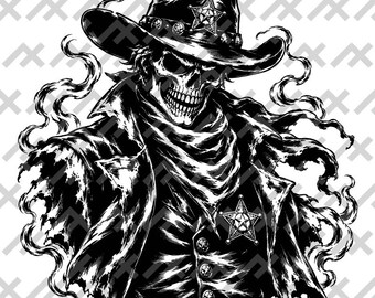 Undead Cowboy Sheriff SVG, Spooky Western Skull Lawman, Gothic Cowboy Horror, Black and White Digital Download
