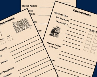 May include: A printable form for tracking Dungeons and Dragons campaign information. The form includes sections for campaign name, session number, quest name, rewards, encounters, and outcomes.