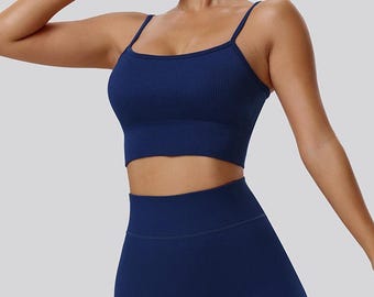Seamless Ribbed Spaghetti Strap Bra Top – High Elastic Yoga Crop