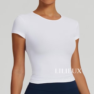 LILIEUX - Crew Neck Workout T-Shirt for Women | Seamless Slim Fit Yoga Top | Moisture-Wicking Quick Dry Sports Tee | Short Sleeve Activewear