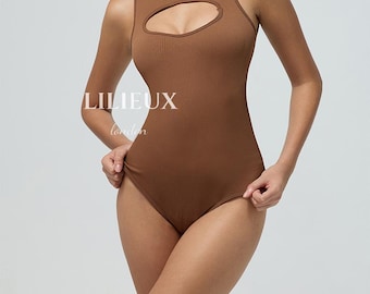 Ribbed Keyhole Bodysuit - Sleeveless High Neck, Seamless Shaping