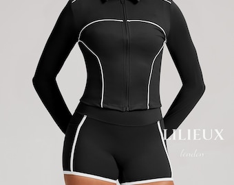 New Arrival | Contrast Piping Activewear Set, Long Sleeve Zip Top & High Waist Shorts