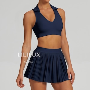 LILIEUX - Seamless Polo Neck Crop Top & Pleated Skirt Set | 2 Piece Tennis Set for Women | V-Neck  Activewear for Workout, Running, Yoga