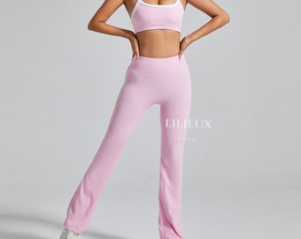 Contrast Trim Yoga Set | High Waist Flare Pants & Strappy Bra