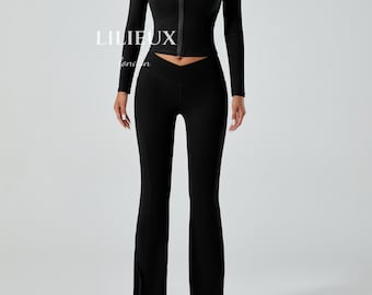 LILIEUX - Women's Full-Zip Long Sleeve Sports Jacket and High-Waist Flared Pants Set – 2-Piece Activewear for Yoga, Gym, and Athleisure