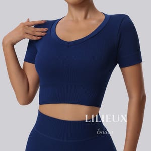 LILIEUX-Seamless Ribbed Short Sleeve Crop Top for Women – Tummy Control Yoga Shirt, High-Stretch Quick-Dry Activewear for Running & Training