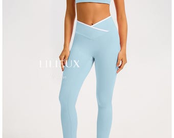 LILIEUX - 2-delige yogaset | Beha met contrasterende rand en legging met kruistaille | Trainingsset beeldhouwen met V-taille | Zachte naadloze sportkleding