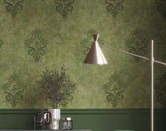 Weathered Green Damask Wallpaper | Vintage Floral Textured Wall Mural | Heritage Estate Wallpaper | Moody Dark Bedroom | Traditional Home