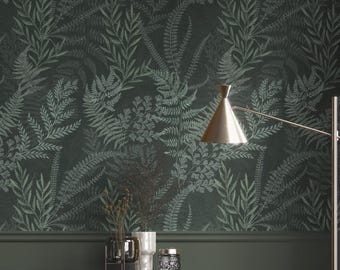 Dark Green Fern Leaf Wallpaper | Moody Botanical Wall Mural | Forest Wallpaper | Vintage Woodland Wall Decor Peel & Stick or Traditional
