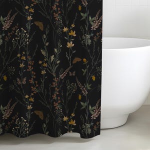 Moody Botanical Shower Curtain Dark Floral Bathroom Decor with Wildflowers & Foliage Cottagecore Vintage Plant Print Black Fabric Curtain