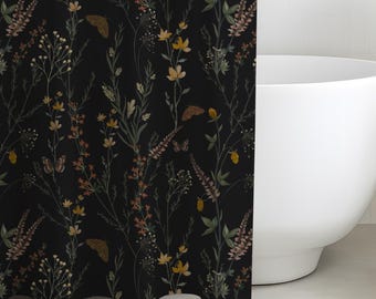 Stimmungsvoller botanischer Duschvorhang dunkles Blumen-Badezimmerdekor mit Wildblumen & Laub Cottagecore Vintage Plant Print schwarzer Stoffvorhang