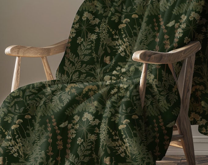 Dark Green Botanical Throw Blanket | Moody Floral Tapestry | Cozy Apothecary Blanket For Bedroom Or Living Room | Garden Lover Gifts