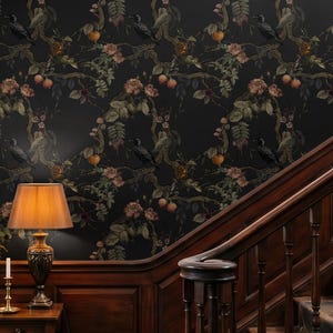 Gothic Chinoiserie Wallpaper Dark Moody Floral Mural with Raven Dark Academia Bedroom Decor Victorian Goth Bathroom Peel & Stick, Prepasted