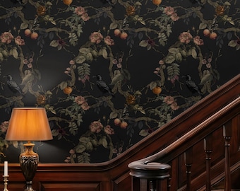 Gothic Chinoiserie Wallpaper Dark Moody Floral Mural with Raven Dark Academia Bedroom Decor Victorian Goth Bathroom Peel & Stick, Prepasted