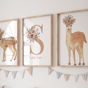 Woodland Deer Nursery Prints For Girl Nursery Bedroom Boho Wildflower Animal Wall Art Custom Initial Name Nursery Sign Woodland Nursery Art