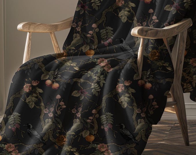 Gothic Chinoiserie Throw Blanket | Moody Dark Botanical Raven Tapestry | Cottagecore Cozy Victorian Blanket for Bedroom or Living Room