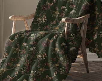 Manta chinaserie botánica verde oscuro, tapiz floral y de setas con motivos melancólicos, manta acogedora estilo cottagecore para sofá, regalos para amantes de la naturaleza y el jardín