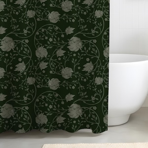 Dark Green Floral Shower Curtain | Moody Botanical Bath Curtain | Matisse Inspired Bathroom Curtain | Earthy Green Bathroom Decor