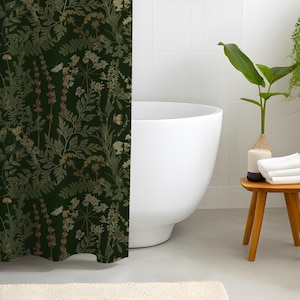 Dark Green Botanical Shower Curtain | Moody Floral Bathroom Curtain | Cottagecore, Apothecary, Dark Academia, Gotchic Bathroom Decor