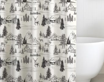 Cortina de ducha con estampado de cabaña de carbón / Decoración rústica de baño estilo cabaña de bosque