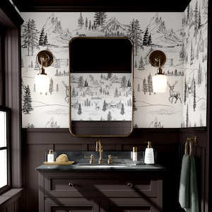 Papel pintado con estampado de bosque, cabaña rústica de montaña, pared decorativa con ambiente natural. imagen 1