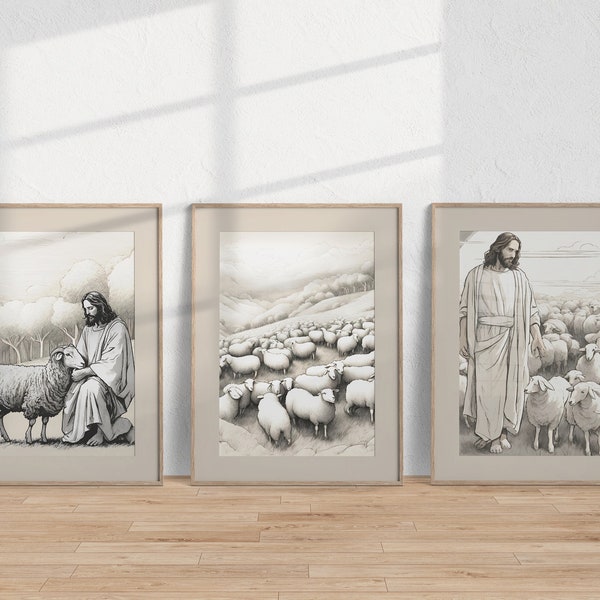 Christian Wall Art Sheep Jesus Leaving the 99 Bible Sketch Bible Story Print Canvas For Entryway Living Room Bedroom Christian Home Decor