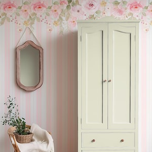Carta da parati floreale a righe rosa cipria e verde salvia, carta da parati vintage da giardino, carta da parati con bordo floreale femminile per cameretta delle bambine