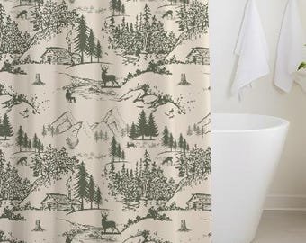 Rustic Woodland Shower Curtain Cabincore Bathroom Decor with Forest Deer, Log Cabin & Mountain Toile Cozy Neutral Nature Print for Lodge