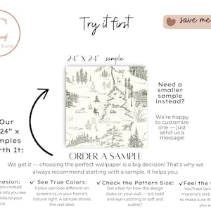May include: A sample of wallpaper with a black and white forest scene, measuring 24 x 24 inches. The image includes text that says "Try it first" and "Order a Sample". The sample is from Papered Charm.