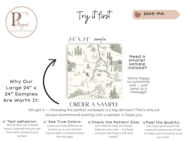 May include: A sample of wallpaper with a black and white forest scene, measuring 24 x 24 inches. The image includes text that says "Try it first" and "Order a Sample". The sample is from Papered Charm.