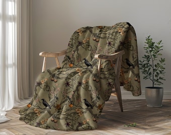 Manta Raven Crow / Manta estilo chinoiserie con estampado botánico de aves / Regalo de decoración vintage estilo cottagecore para el hogar