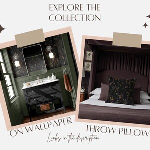 May include: An image showcasing two interior design concepts. One features a bathroom with wallpaper and a black vanity. The other displays a bedroom with a throw pillow on a bed. Text reads "Explore the Collection" and "On Wallpaper" and "Throw Pillow".