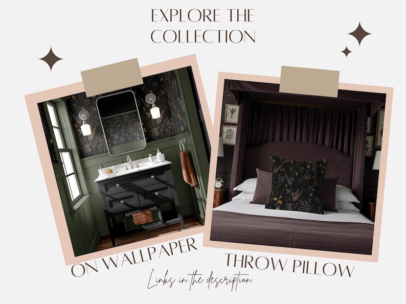 May include: An image showcasing two interior design concepts. One features a bathroom with wallpaper and a black vanity. The other displays a bedroom with a throw pillow on a bed. Text reads "Explore the Collection" and "On Wallpaper" and "Throw Pillow".