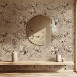 Beige Botanical Textured Wallpaper Peel and Stick Removable Neutral Wall Covering Vintage Floral Wall Art for Bedroom Living Room