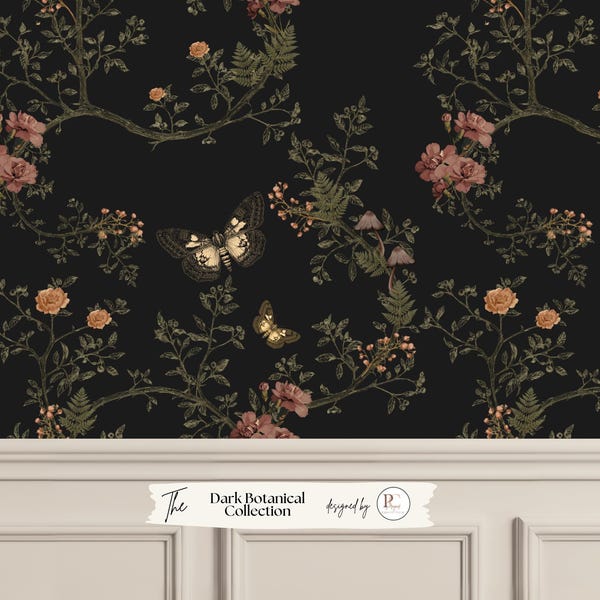 Gothic Chinoiserie Moth Wallpaper | Dark Moody Floral Wallpaper | Botanical Cottagecore Wall Mural | Peel & Stick, Pre-pasted, Traditional