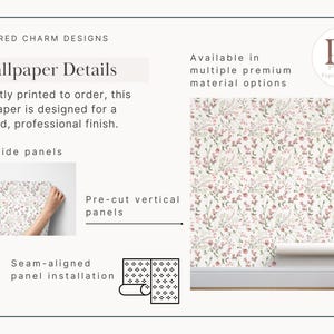 Pink Wildflower Wallpaper Mauve Sage Green Floral Peel and Stick Wallpaper for Girl Nursery or Bedroom, Cottagecore Botanical Wall Mural afbeelding 5