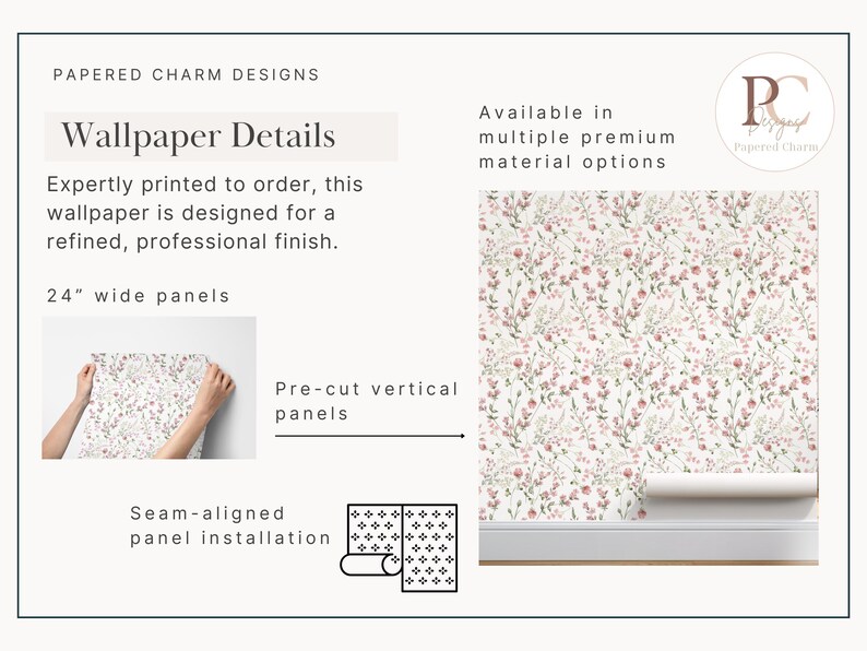 Pink Wildflower Wallpaper Mauve Sage Green Floral Peel and Stick Wallpaper for Girl Nursery or Bedroom, Cottagecore Botanical Wall Mural afbeelding 5