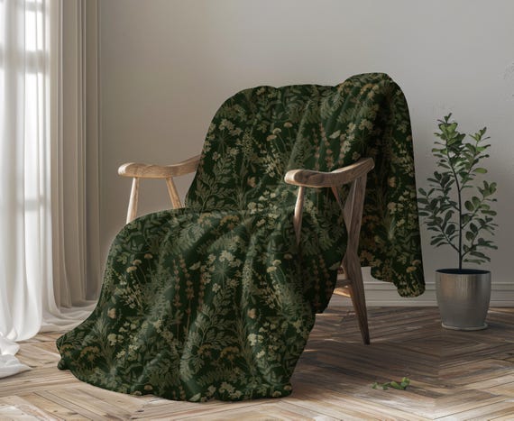 Dark Green Botanical Throw Blanket | Moody Floral Tapestry | Cozy Apothecary Blanket For Bedroom Or Living Room | Garden Lover Gifts