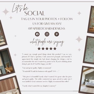 May include: A promotional graphic with the text "Let's be SOCIAL" and social media handles. The image includes customer testimonials and photos of interior design projects, showcasing wallpaper and decor.