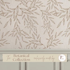 Beige Botanical Faux Linen Textured Wallpaper Peel and Stick Removable Wall Covering Vintage Floral Neutral Wall Art for Bedroom Living Room