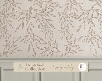 Papel pintado para dormitorio con estampado botánico beige de lino sintético – Revestimiento floral texturizado removible
