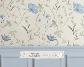 Blue Floral Wallpaper | Soft Botanical Nursery Peel & Stick | Garden Cottagecore Mural For Bedroom | Faux Linen Traditional Vinyl Wallpaper
