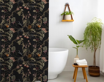 Gothic Black Chinoiserie Shower Curtain | Moody Dark Floral Bathroom Decor | Dark Academia Style Curtain | Maximalist Medieval Bathroom