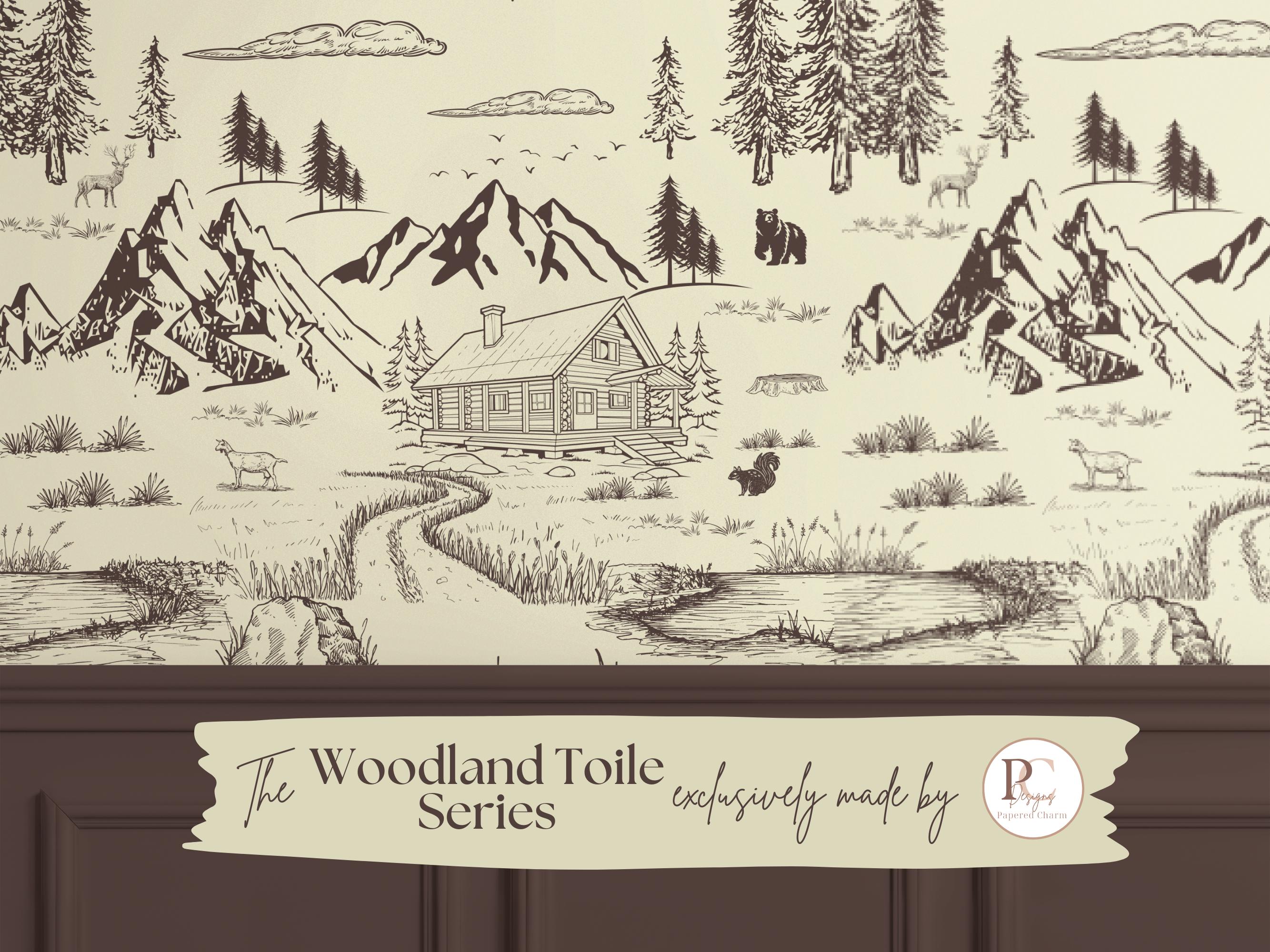 Rustic Woodland Toile Wallpaper: Cabin Forest Scene Peel and Stick Mural