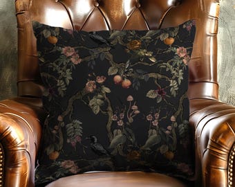 Gothic Chinoiserie Throw Pillow – Moody Dark Floral Cushion for Fall Decor, Maximalist Black Accent Pillow, Dark Cottagecore Living Room