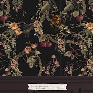 May include: Dark botanical wallpaper featuring a repeating pattern of flowers, fruits, and mushrooms on a black background. The design includes branches with gold accents, and the text "The Dark Botanical Collection" is visible at the bottom.