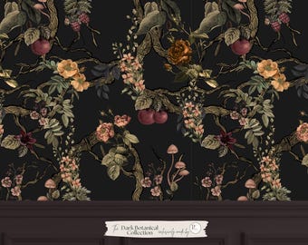 May include: Dark botanical wallpaper featuring a repeating pattern of flowers, fruits, and mushrooms on a black background. The design includes branches with gold accents, and the text "The Dark Botanical Collection" is visible at the bottom.
