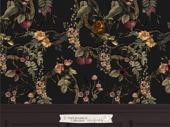 Moody Floral Chinoiserie Wallpaper | Dark Victorian Botanical Wall Mural (Prepasted)